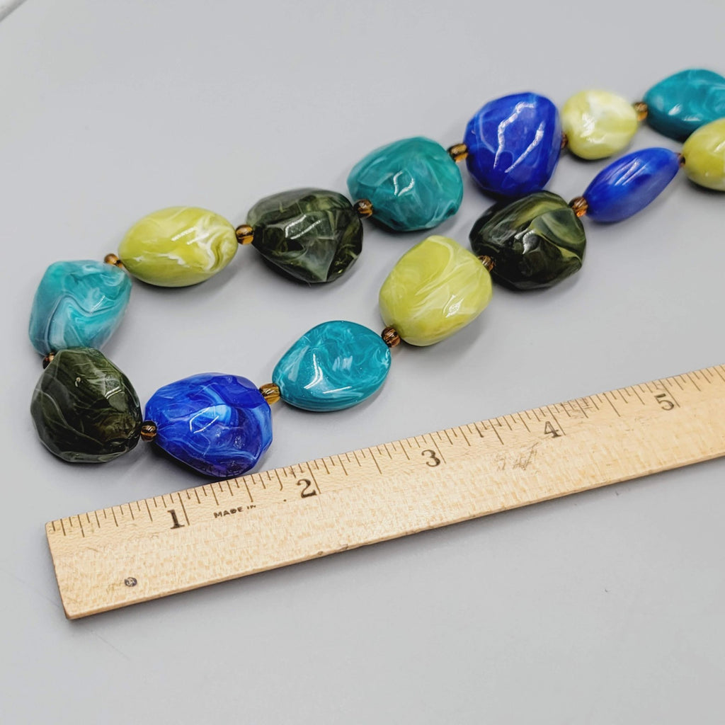 Chunky Bead Necklace Blue Green Acrylic Fun Funky 20"-22"