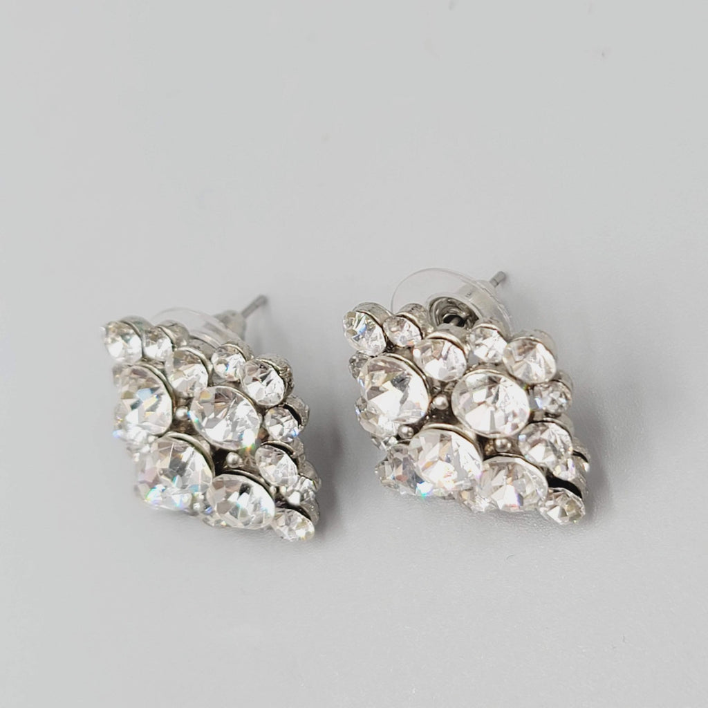 Rhinestone Pierced Earrings Silver tone Square Drop 7/8"