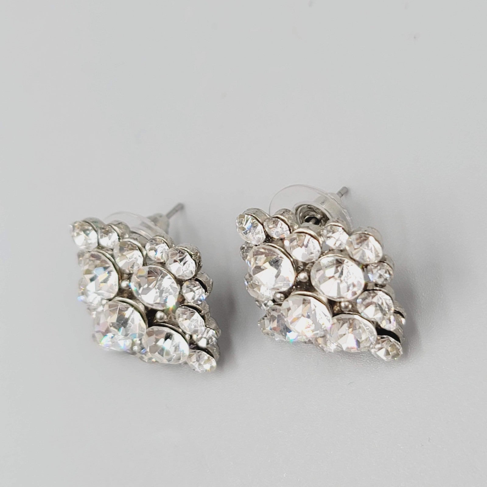 Rhinestone Pierced Earrings Silver tone Square Drop 7/8"