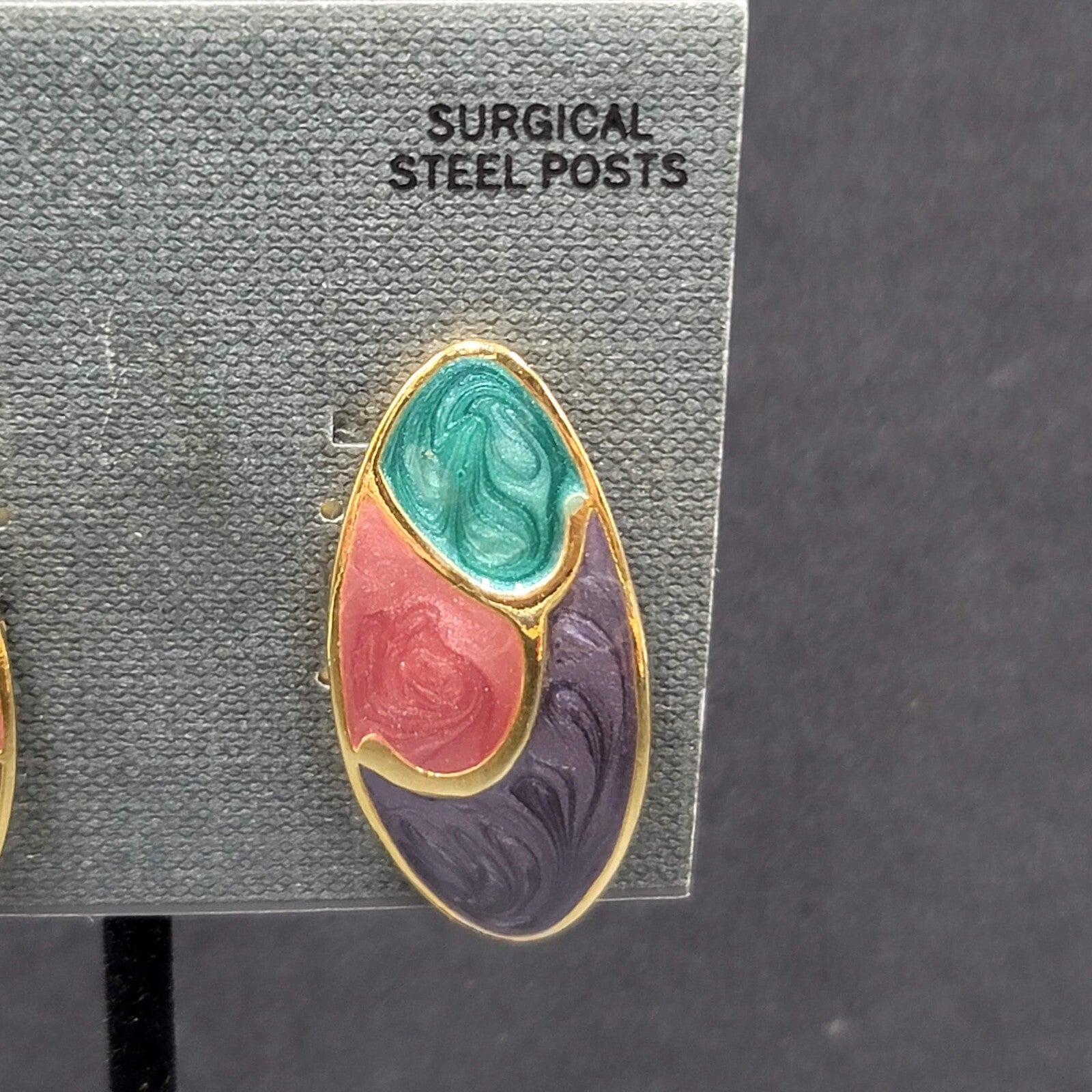 Vintage Pierced Earrings Gold Plated Teal Pink Purple Enamel Drop 1.5"