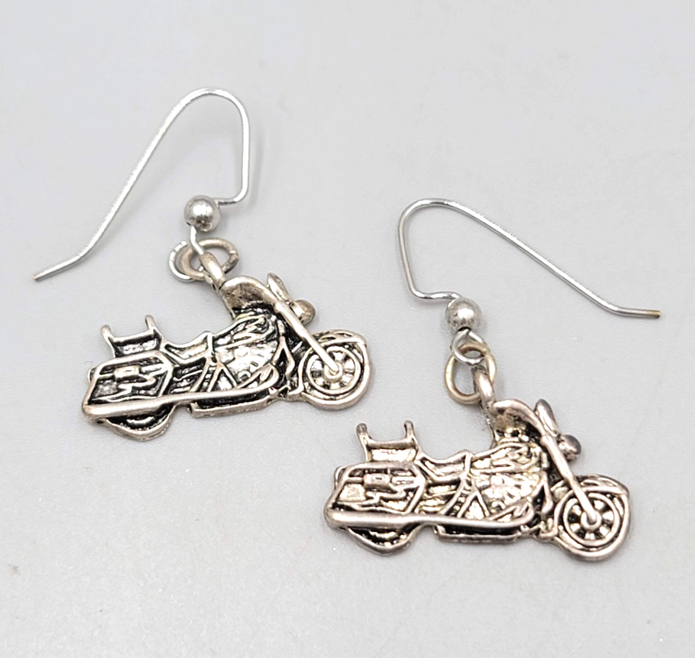 Motorcycle Pierced Earrings Silver tone Dangle 3/4"