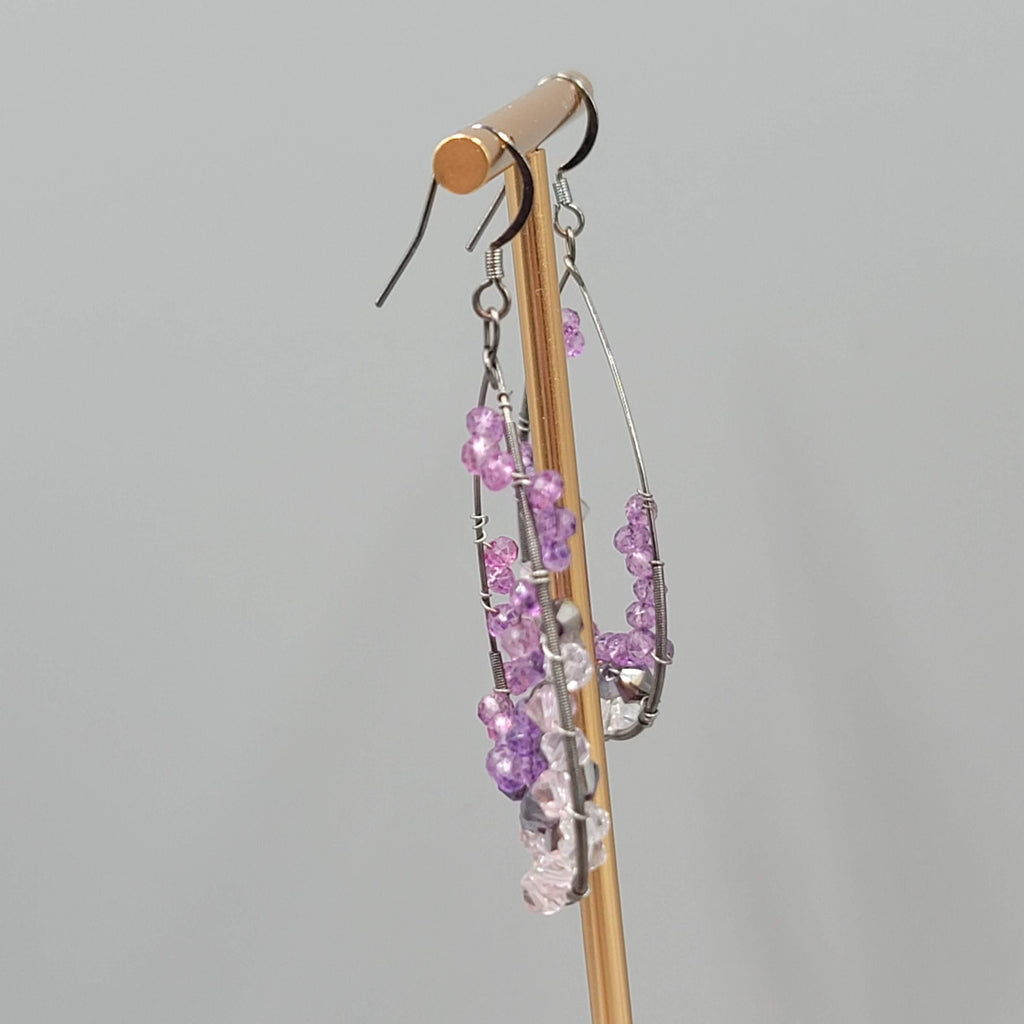 Purple Pink Gray Crystal Wrapped Teardrop Hoops Pierced Earrings 2 in