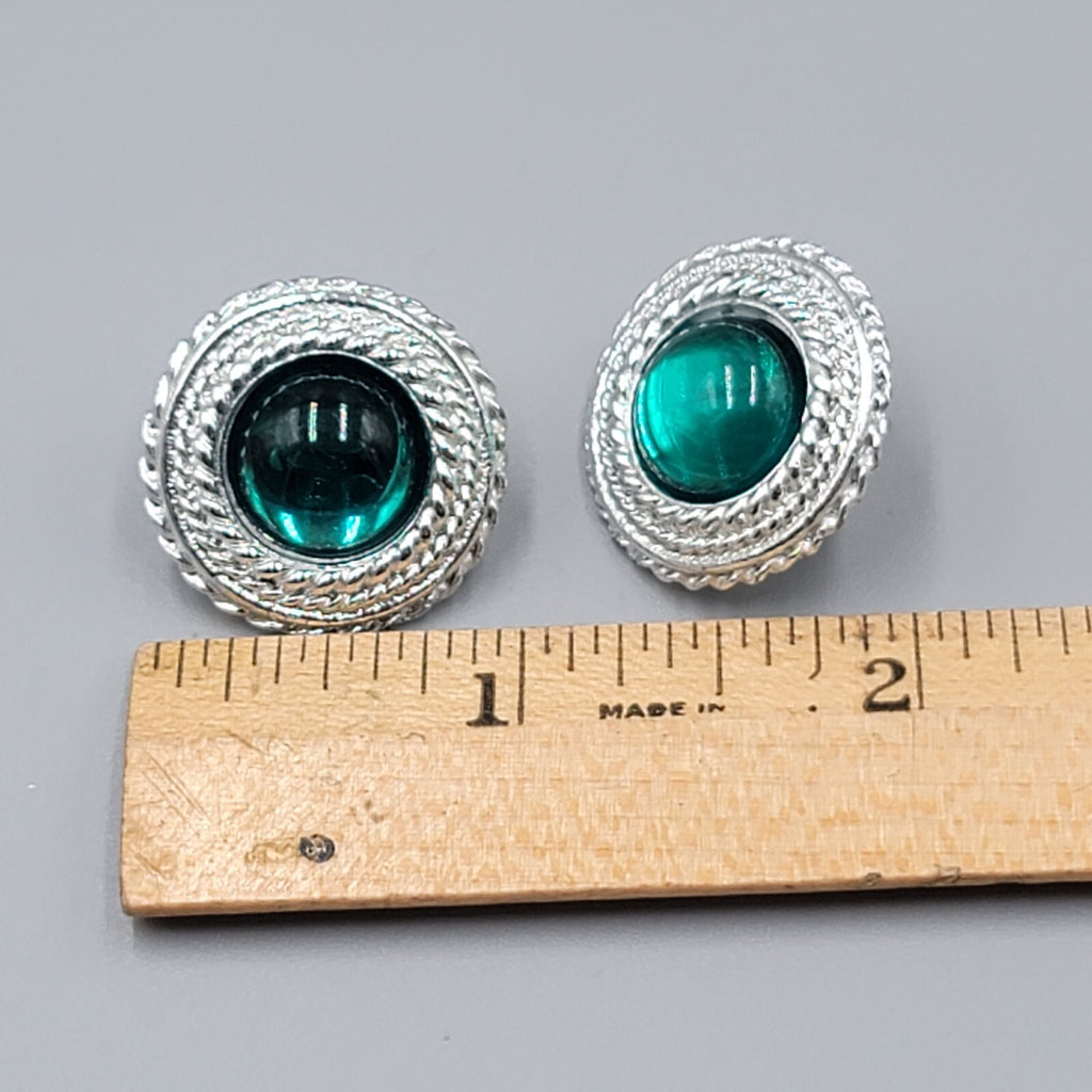 Vintage Pierced Earrings Silver tone Green Moon glow Cabochon 7/8"