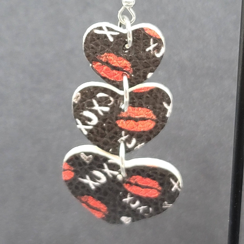 Pierced Earrings Black Faux Leather Kisses Hearts Silver tone Dangle 2.25"