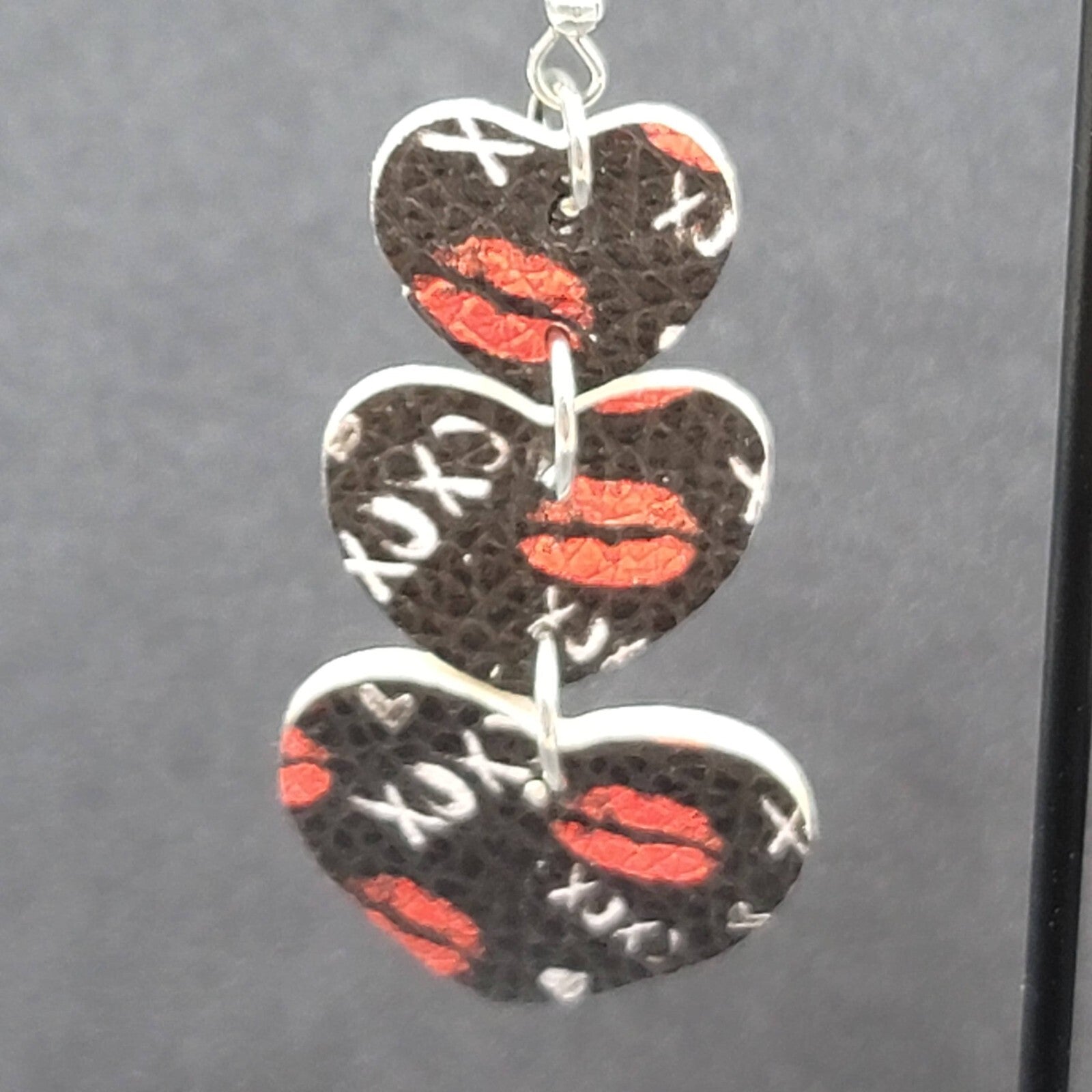 Pierced Earrings Black Faux Leather Kisses Hearts Silver tone Dangle 2.25"