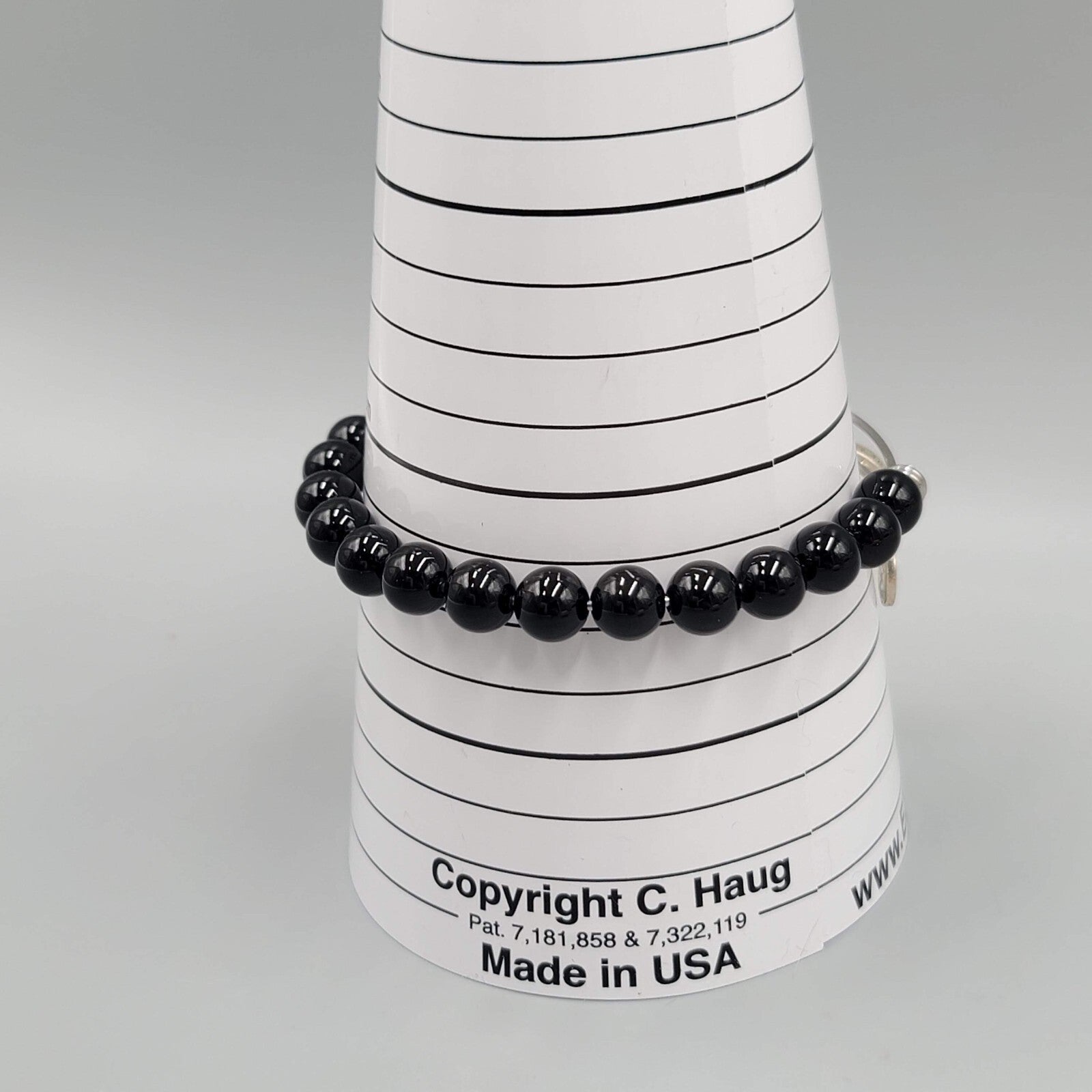 Black Glass Bead Bracelet Silver Tone You Are Strong Charm 7.5 in