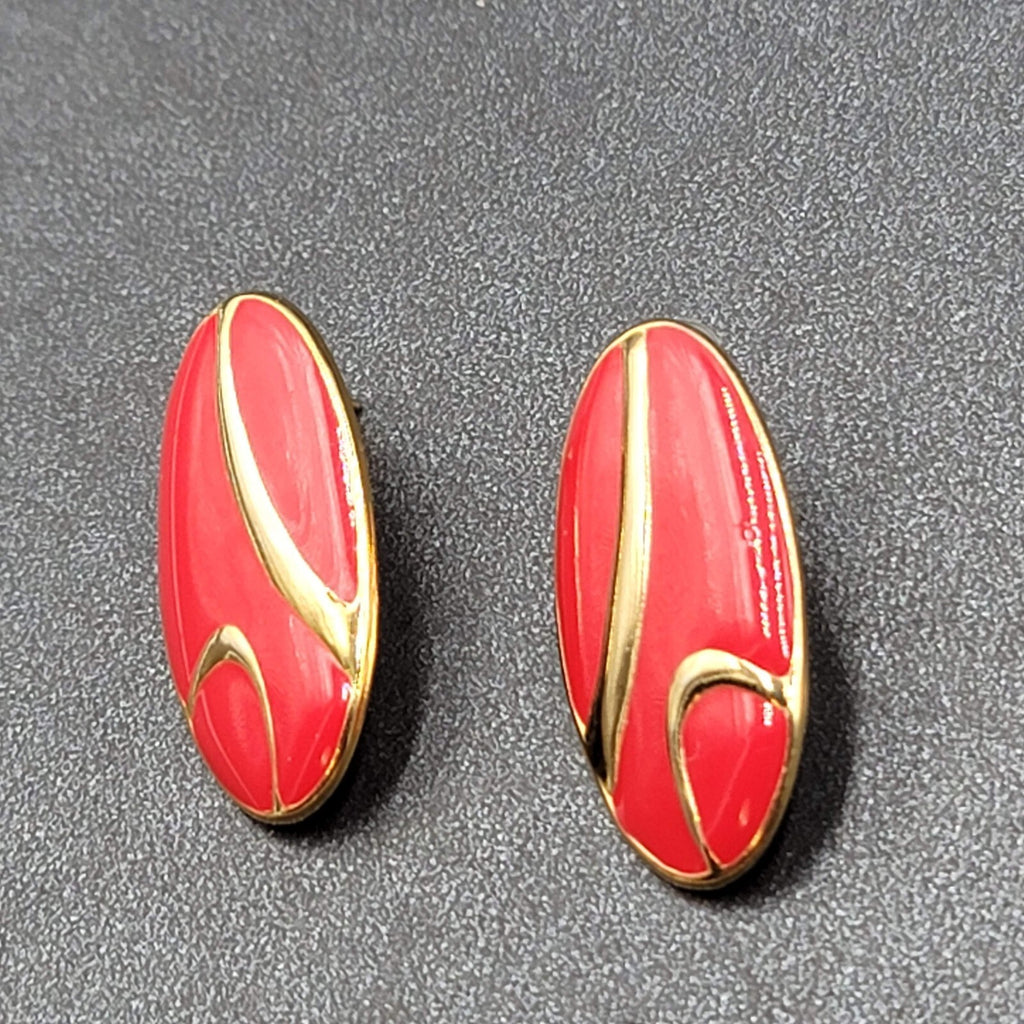 Vintage Pierced Earrings Gold tone Red Enamel Oval Drop 1.25"