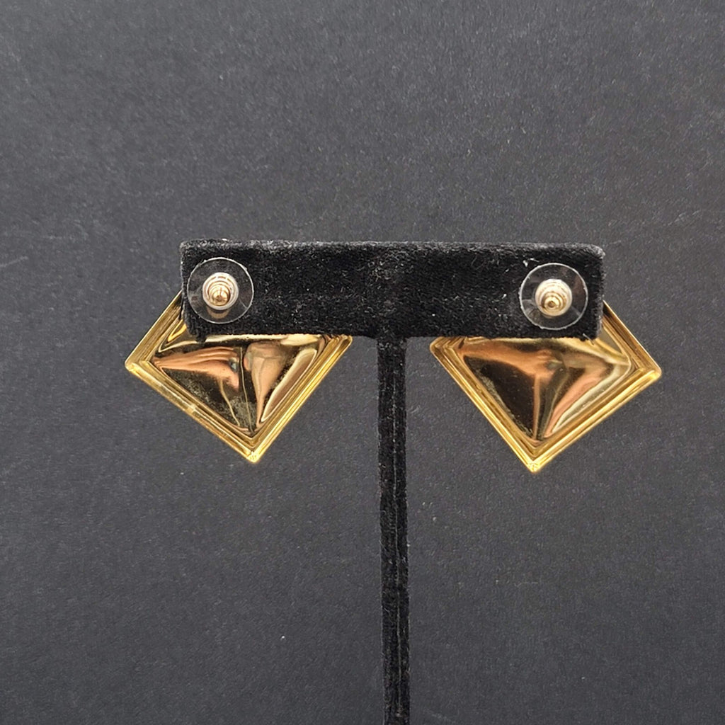 Vintage Pierced Earrings Gold tone Swirl White Gold Enamel Square Drop 1 3/8"