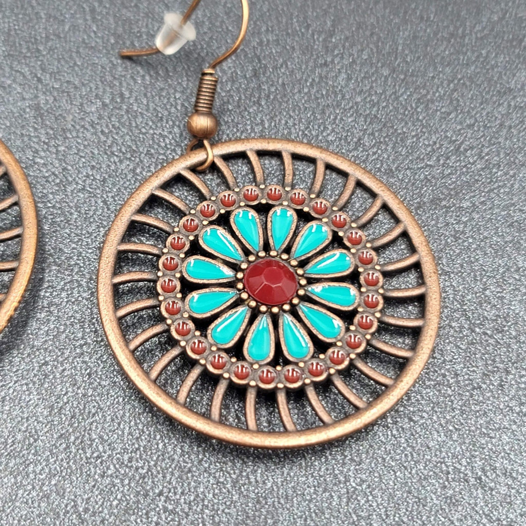 New Boho Pierced Earrings Bronze tone Blue Enamel Round Open Flower Dangle 1.25"