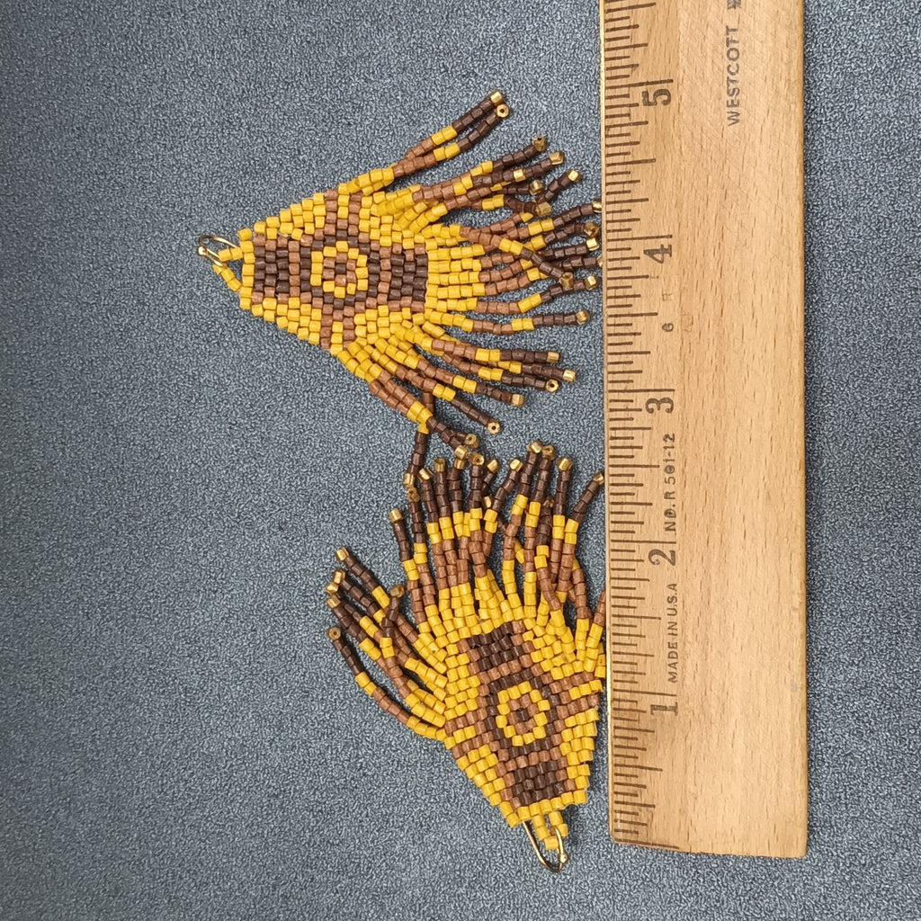 Pierced Earrings Wood Bead Weaved Browns Gold tone Dangle 2.75"