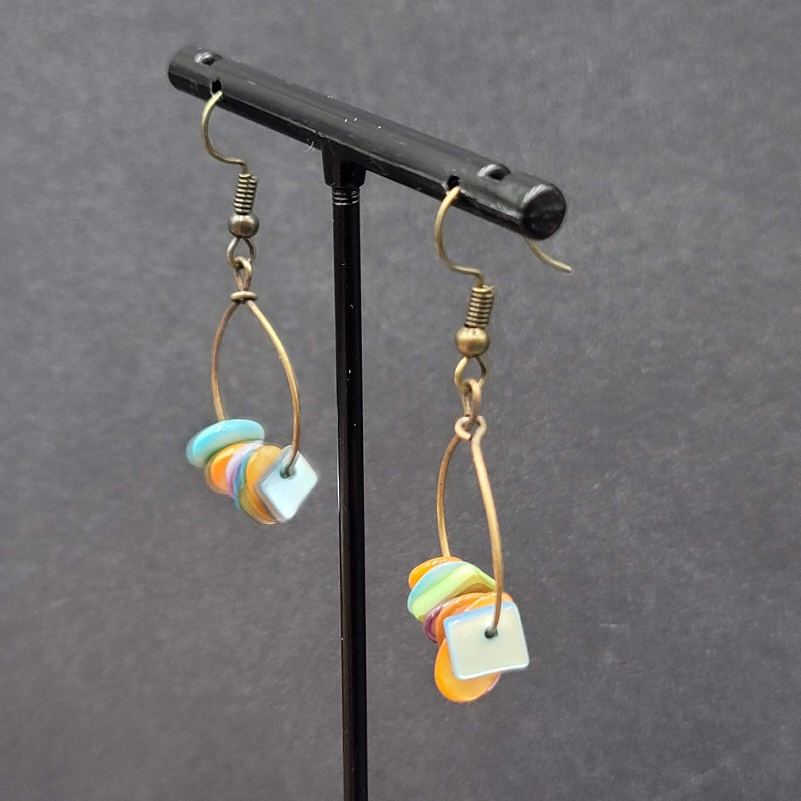 Pierced Earrings Multicolor Shell Beads Dangle Hoops 1 1/8"