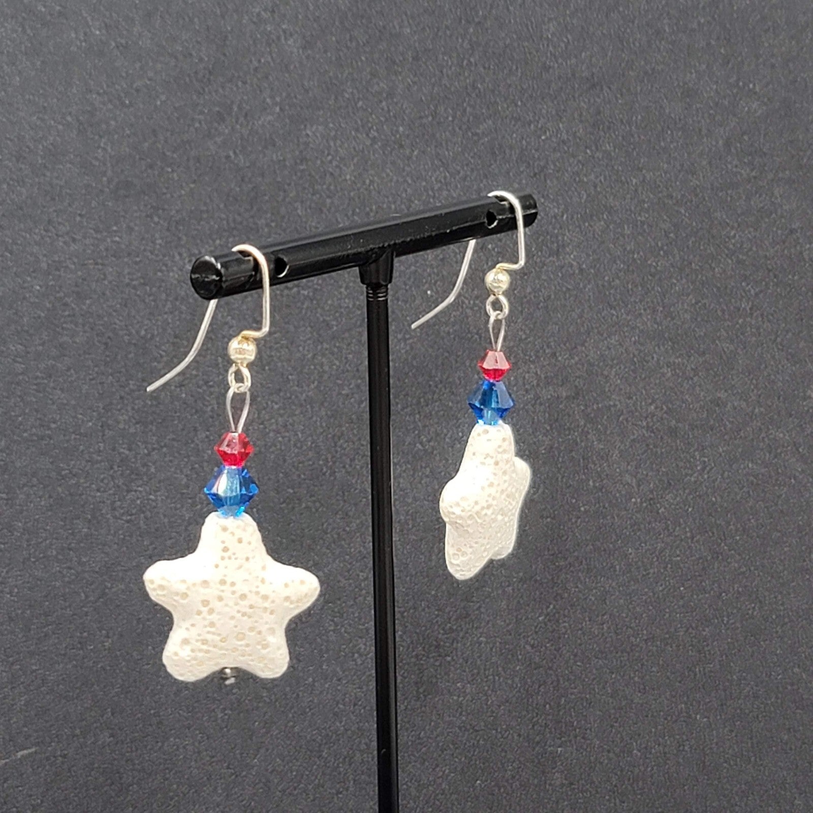Pierced Earrings Silver tone Crystal Bead Starfish Dangle 1.5"