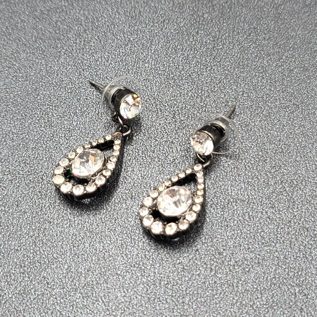 Pierced Earrings Black Metal Clear Rhinestone Teardrop Dangle 1.25"