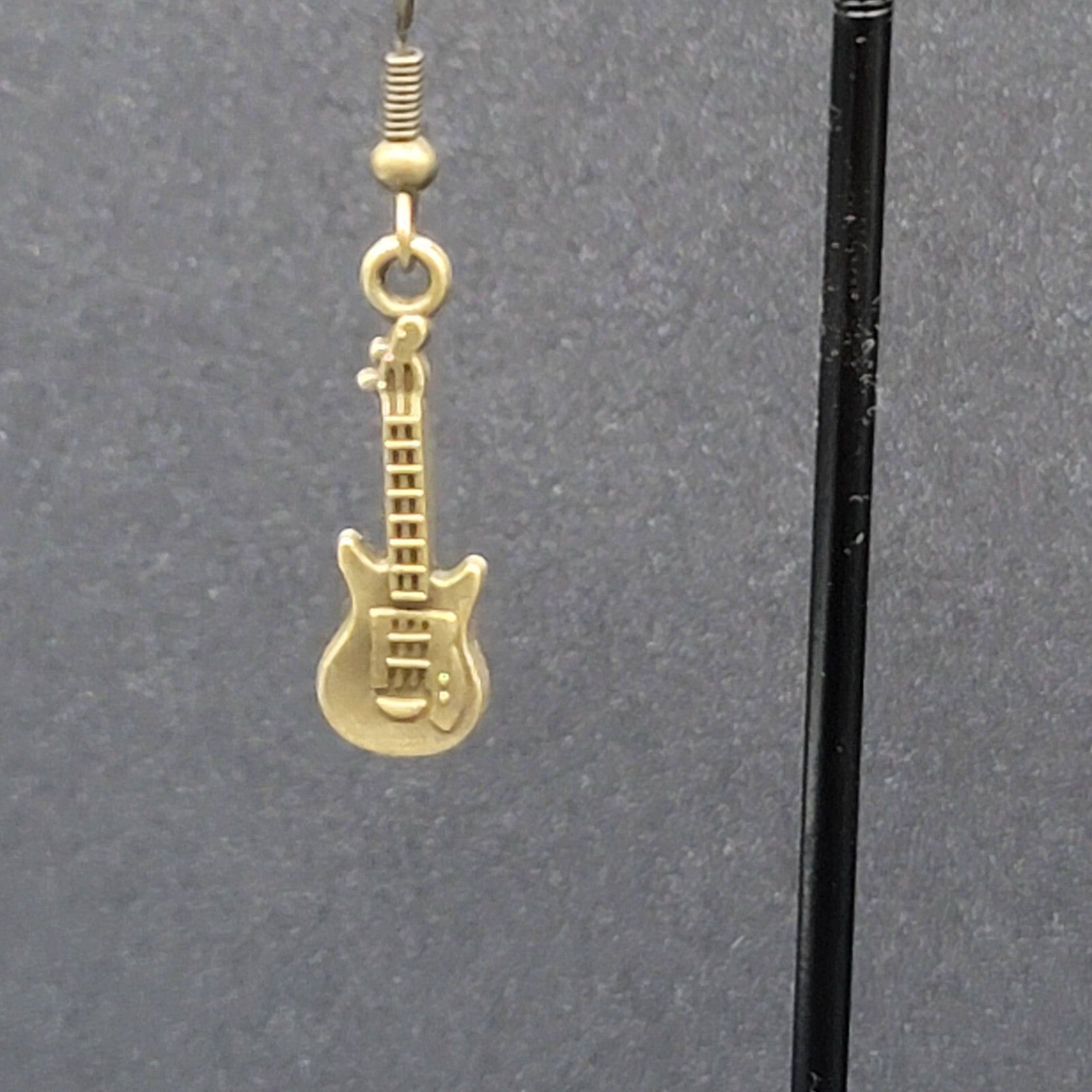 Electric Guitar Pierced Earrings Bronze tone Embossed Dangle 1"