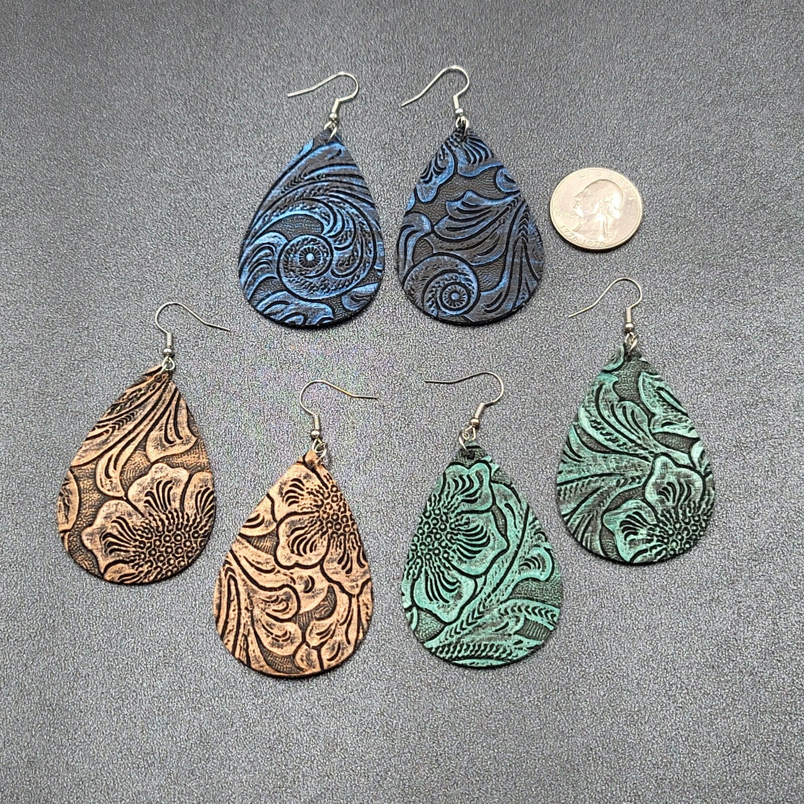 Lot of 3 Pierced Earrings Faux Tooled Leather Gold Green Blue 2.25"