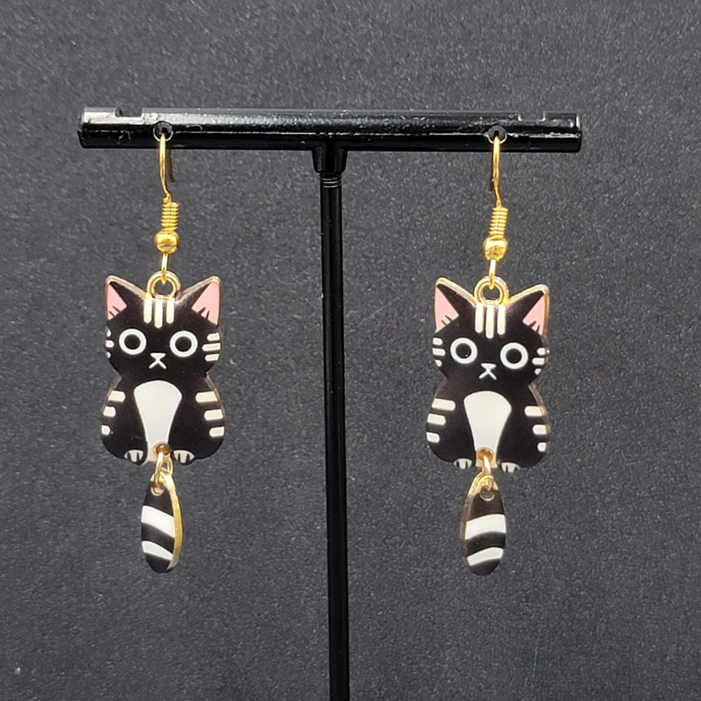 Black Tabby Kitty Cat Pierced Earrings Gold tone Dangle Tail 1.5"