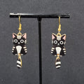 Black Tabby Kitty Cat Pierced Earrings Gold tone Dangle Tail 1.5"