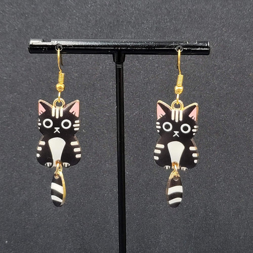 Black Tabby Kitty Cat Pierced Earrings Gold tone Dangle Tail 1.5"