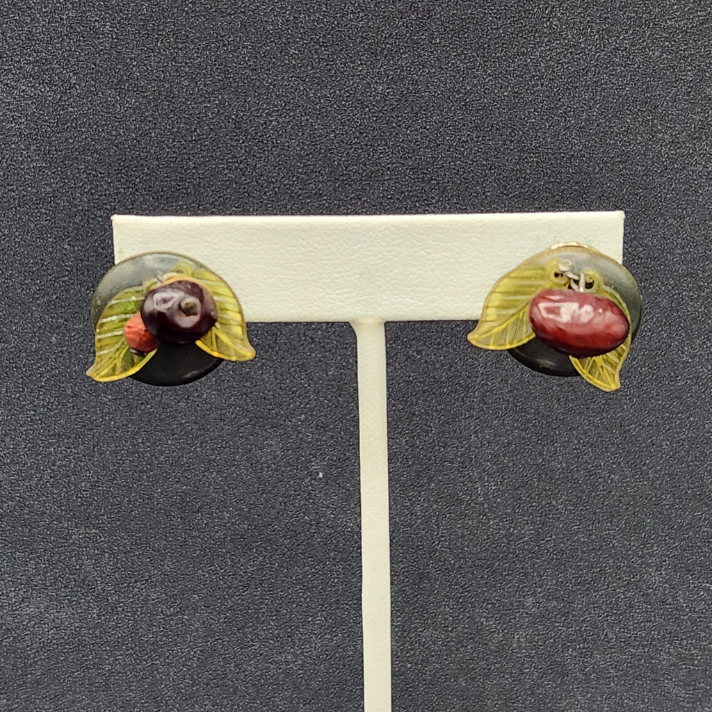 Vintage Clip on Earrings Green Seed and Acrylic Leaves Dangle Studs 3/4"