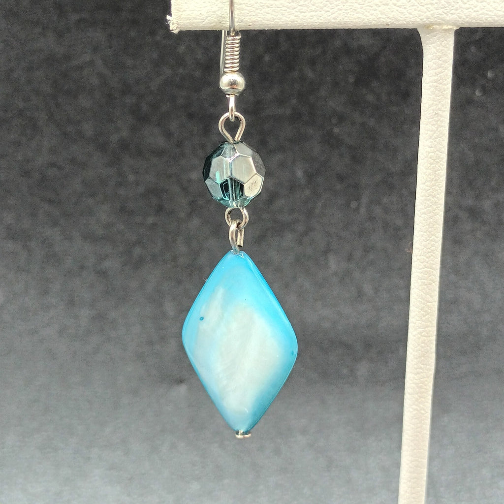 Pierced Earrings Silver tone Hook Blue Shell Geometric Beaded Dangle 1 5/8"