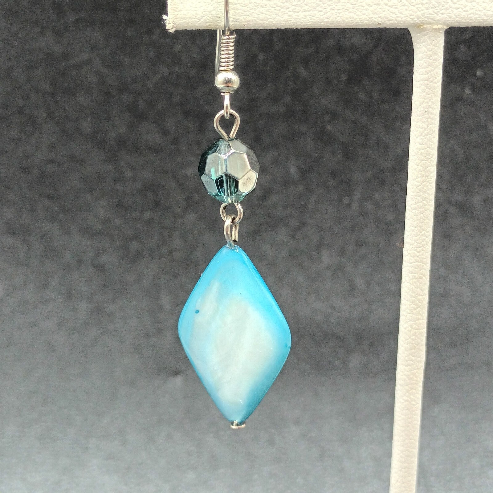 Pierced Earrings Silver tone Hook Blue Shell Geometric Beaded Dangle 1 5/8"