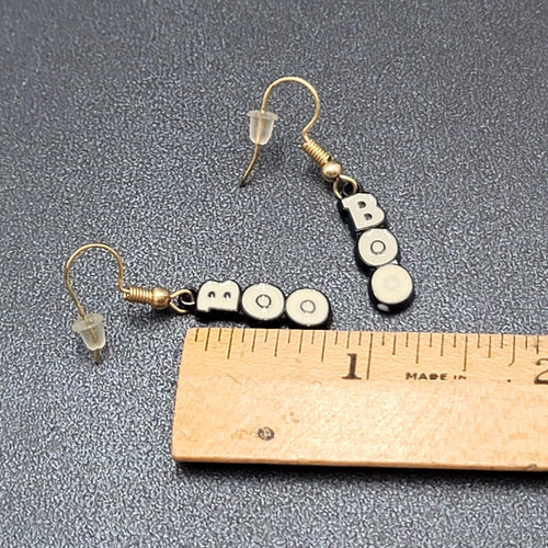 BOO Pierced Earrings Black Enamel Halloween Dangle Gold tone 7/8"