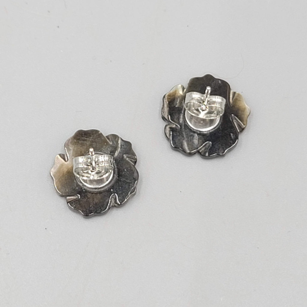 Hand Carved Shell Flower Studs Pierced Earrings 5/8"