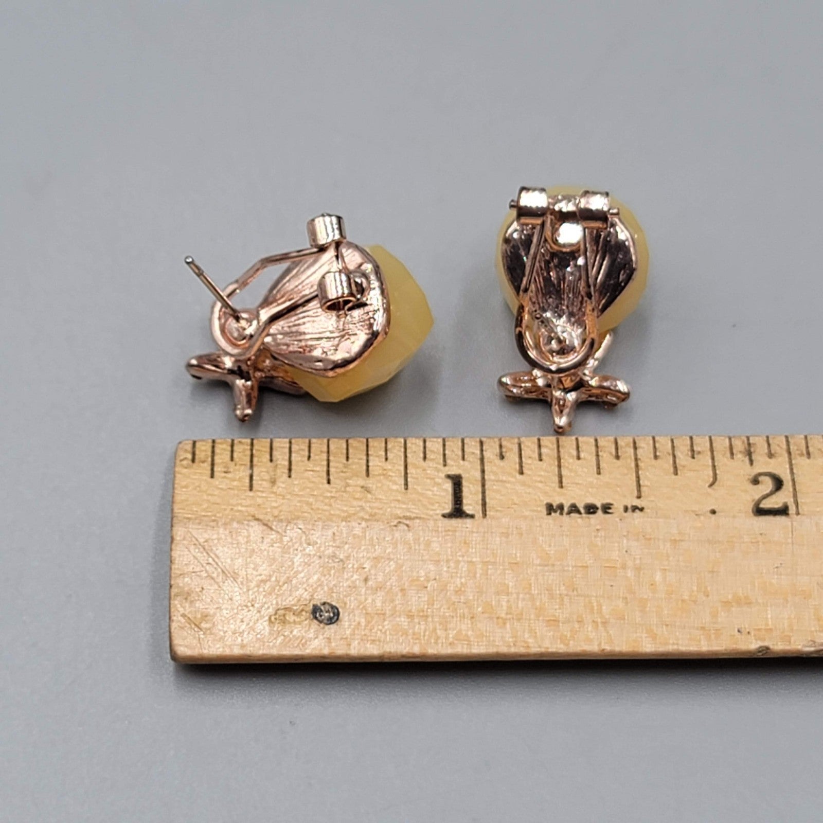 Rose Gold tone Pierced Earrings Yellow Square Drop 7/8"