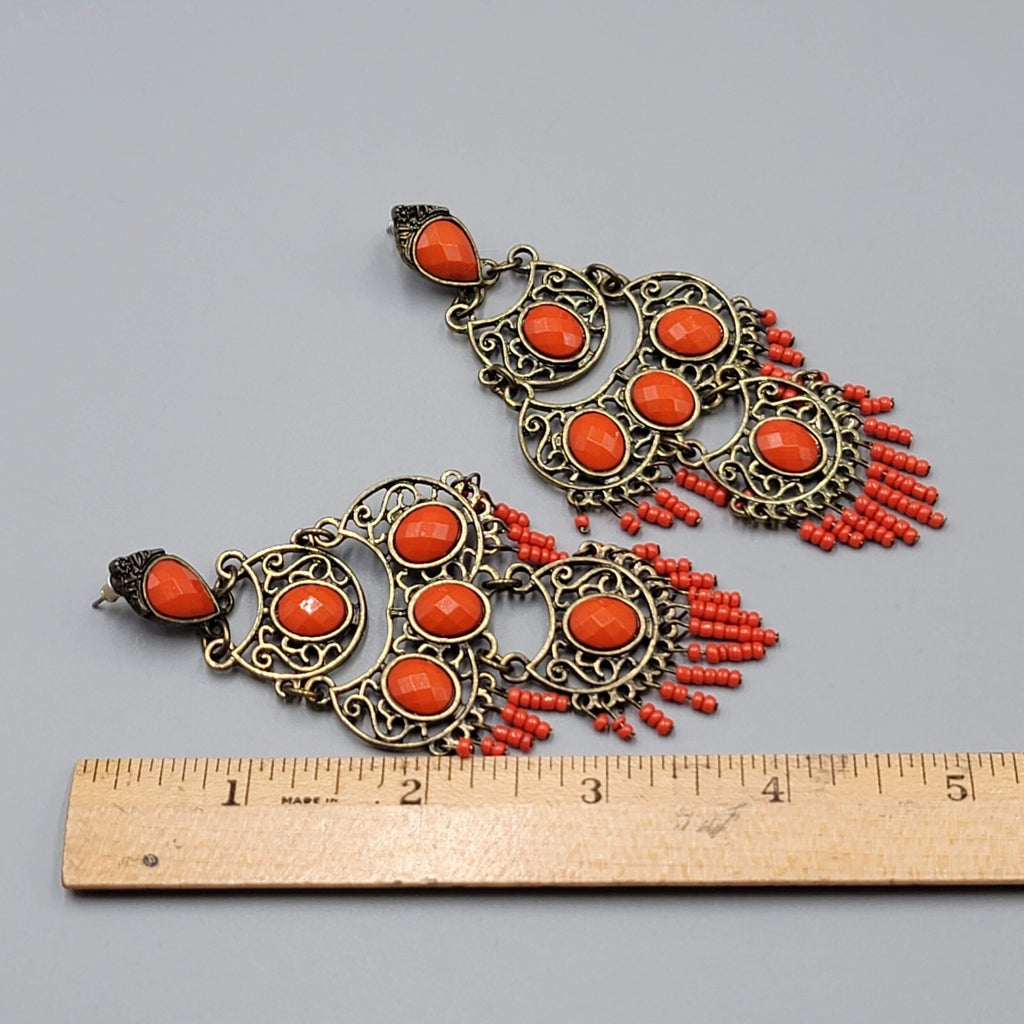 Large Chandelier Pierced Earrings Bronze tone Orange Beads 4"