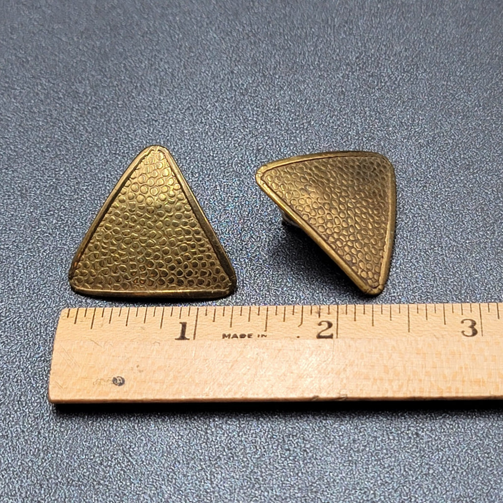 Vintage Pierced Earrings Solid Brass Textured Triangle Drop 1 1/8"