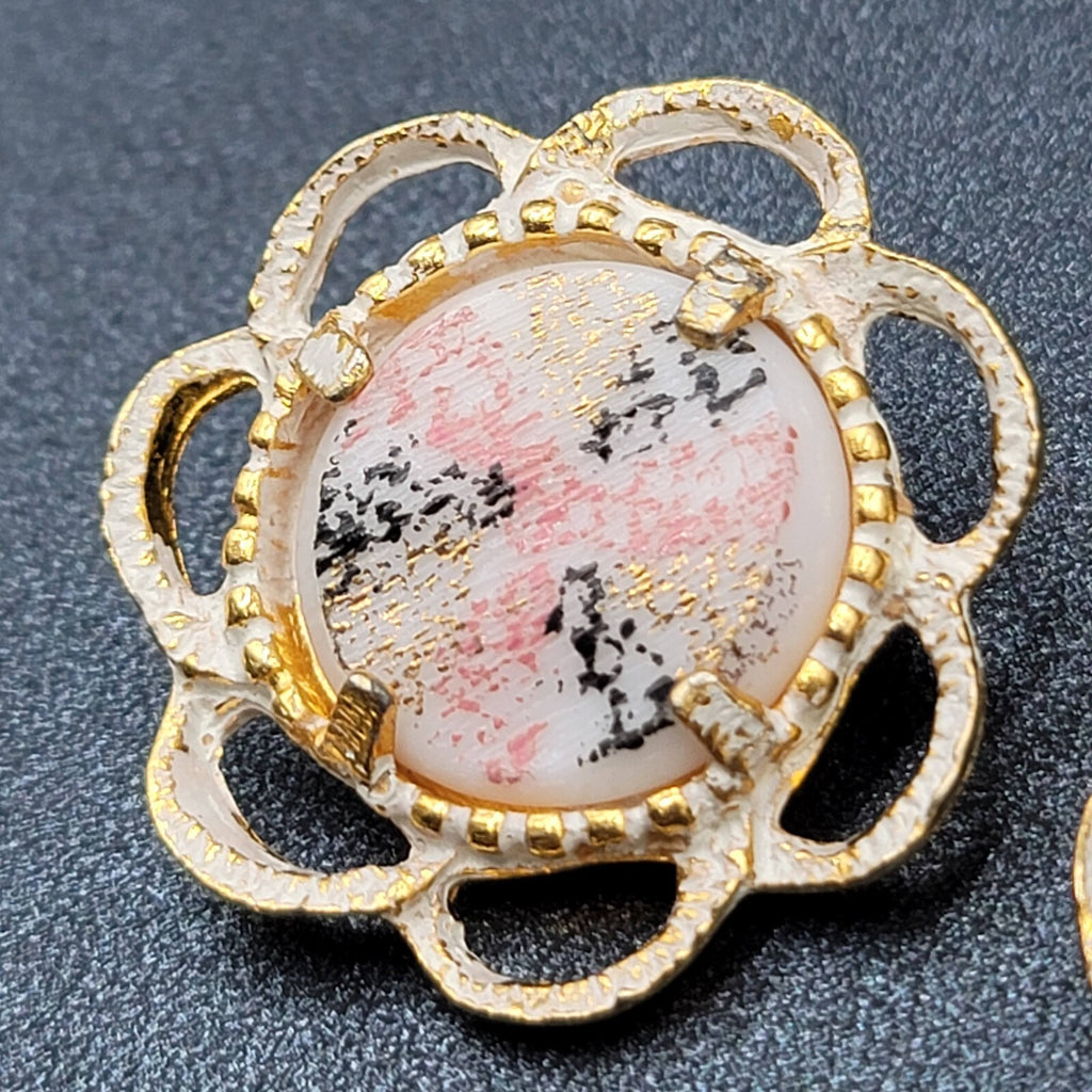 Vintage Clip on Earrings Gold tone White Pink Black Enamel Drop 1 1/8"