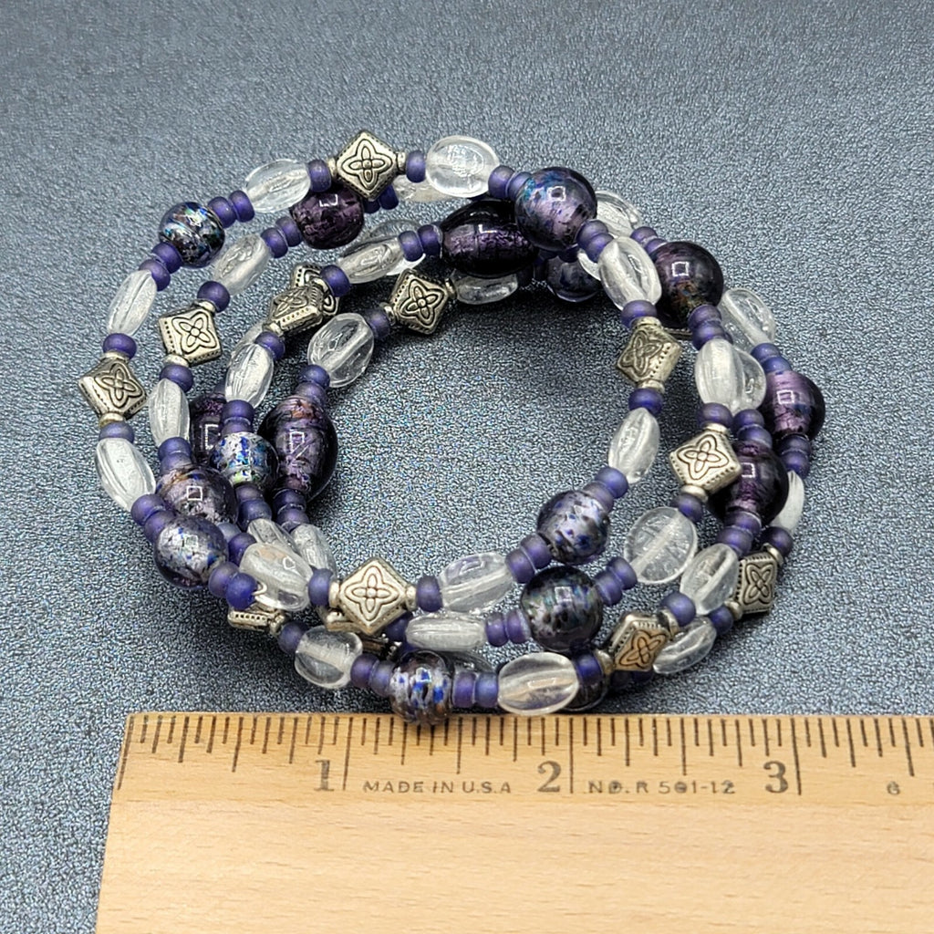 Memory Wire Bracelet Purple Silver tone Clear Glass Beads 