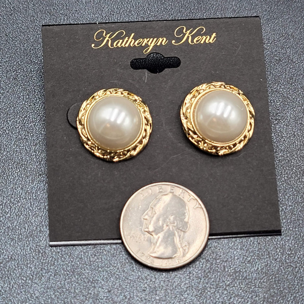 Katheryn Kent Pierced Earrings Gold tone Domed White Studs NOS 3/4"