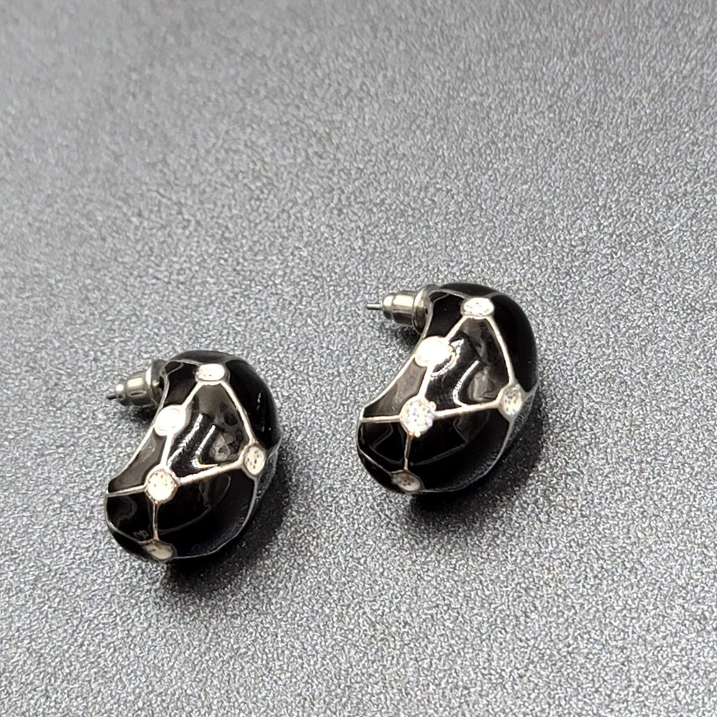 Vintage Pierced Earrings Black Enamel White Glitter Dots Half Hoops 7/8"