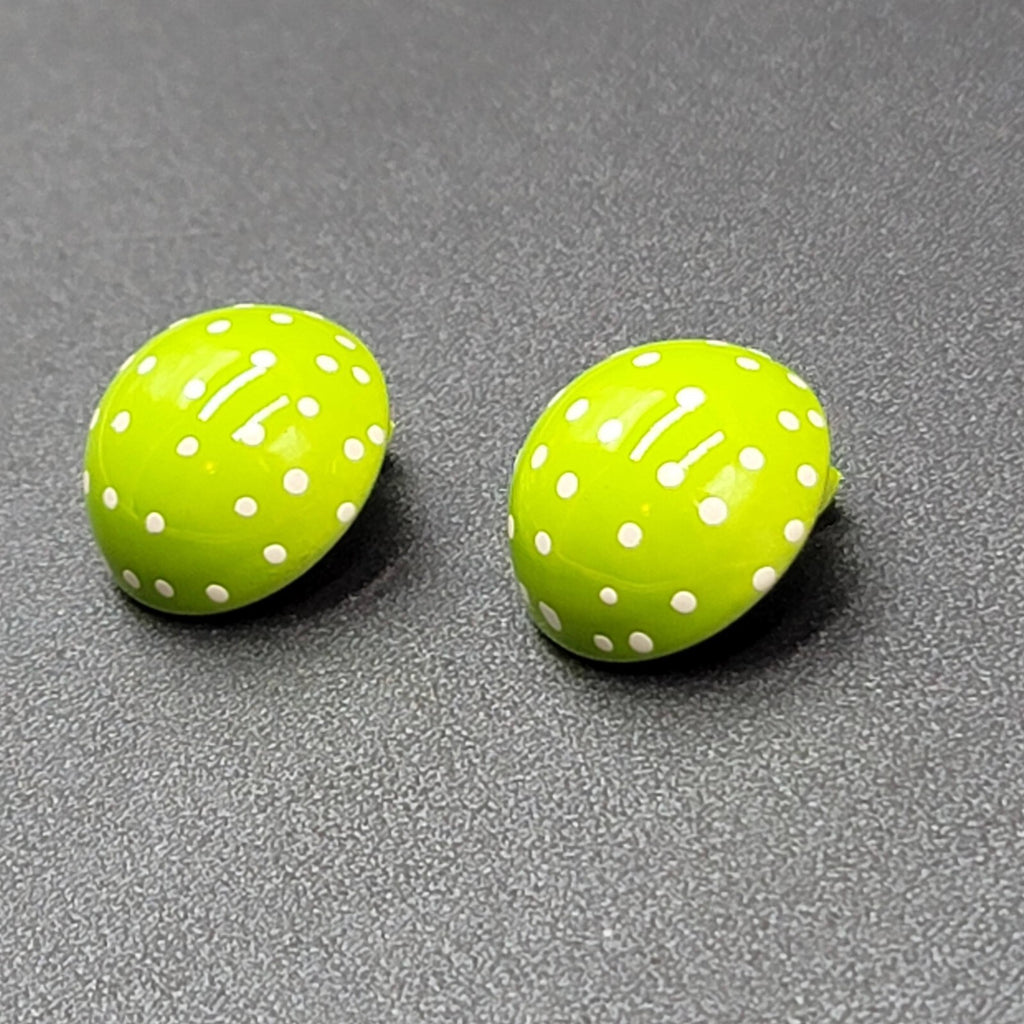 Vintage Clip on Earrings Hand Painted Green Enamel Polka Dot Dome Studs 3/4"