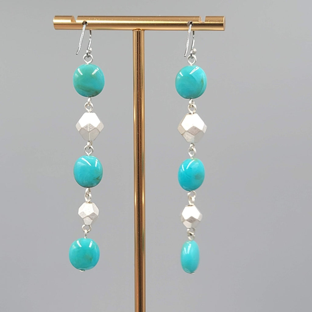 Long Bead Pierced Earrings Blue and Silver tone Dangle 3"