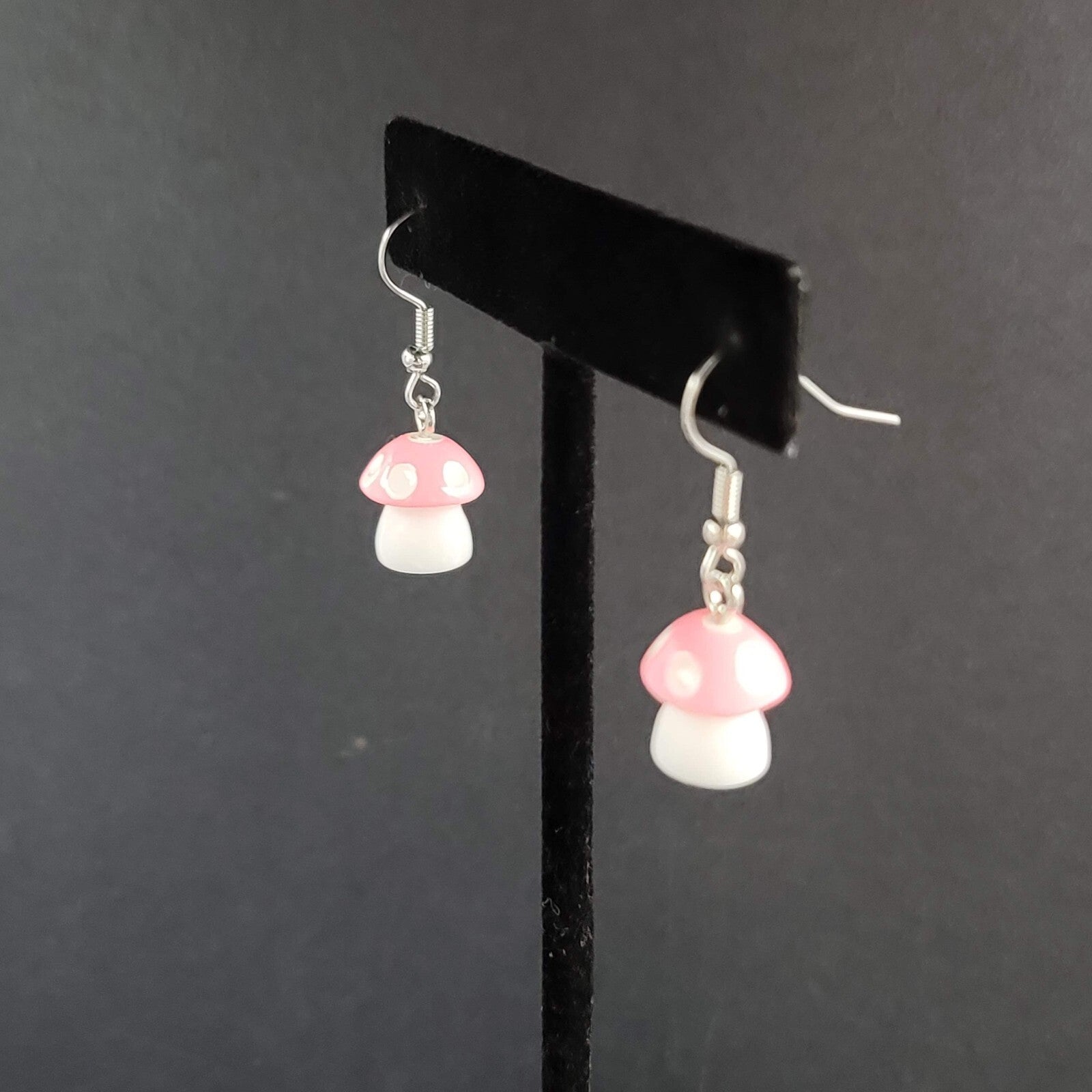 Pierced Earrings Pink White Polka Dot Mushroom Dangle  5/8"