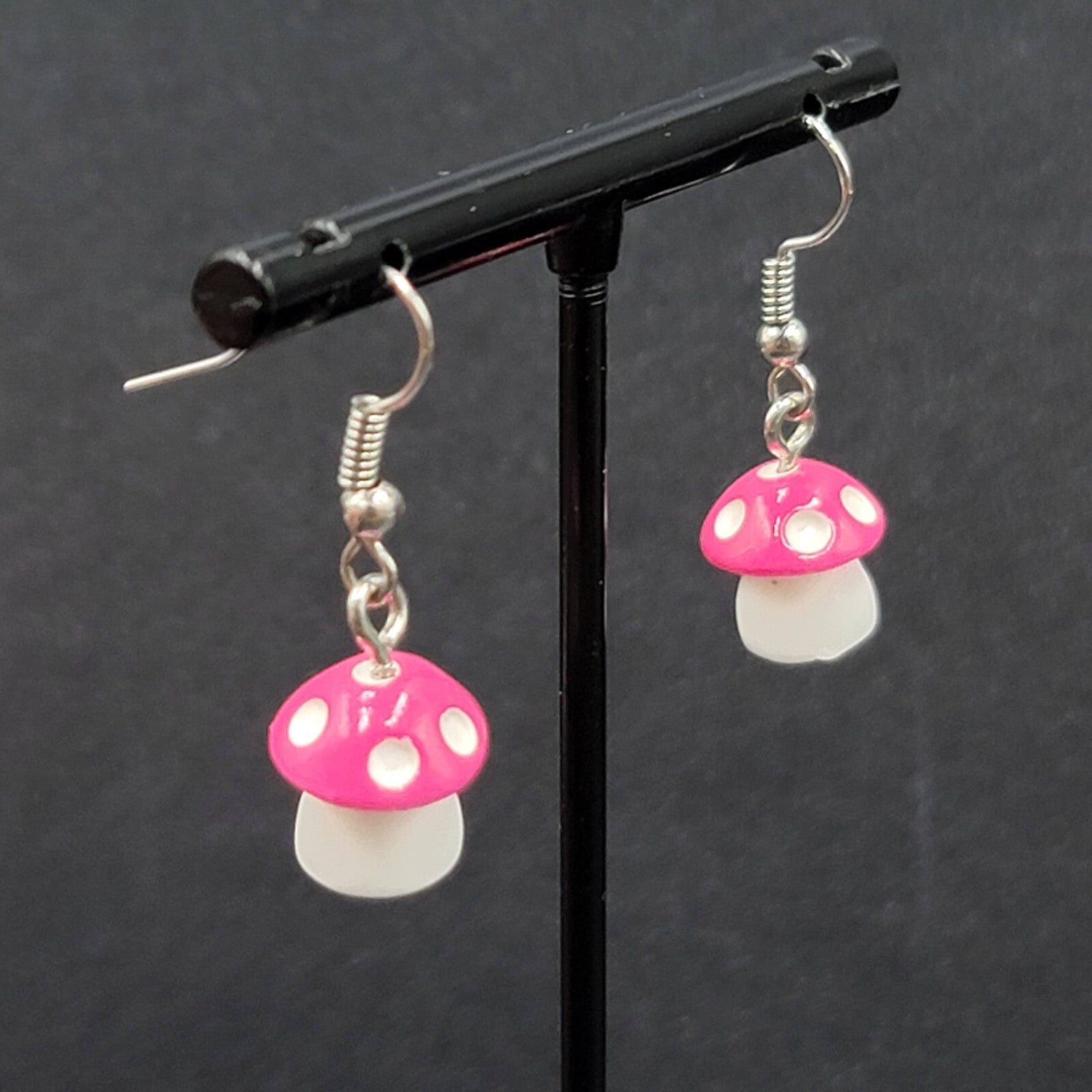 Pink Mushroom Pierced Earrings White Polka Dots Dangle 5/8"