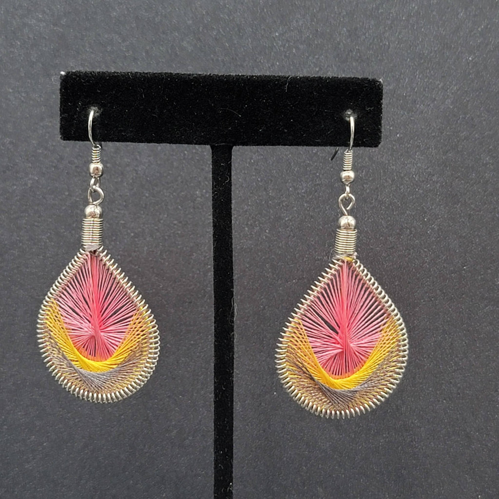 Pierced Earrings Silver tone String Art Yellow Pink Purple Teardrop 2"