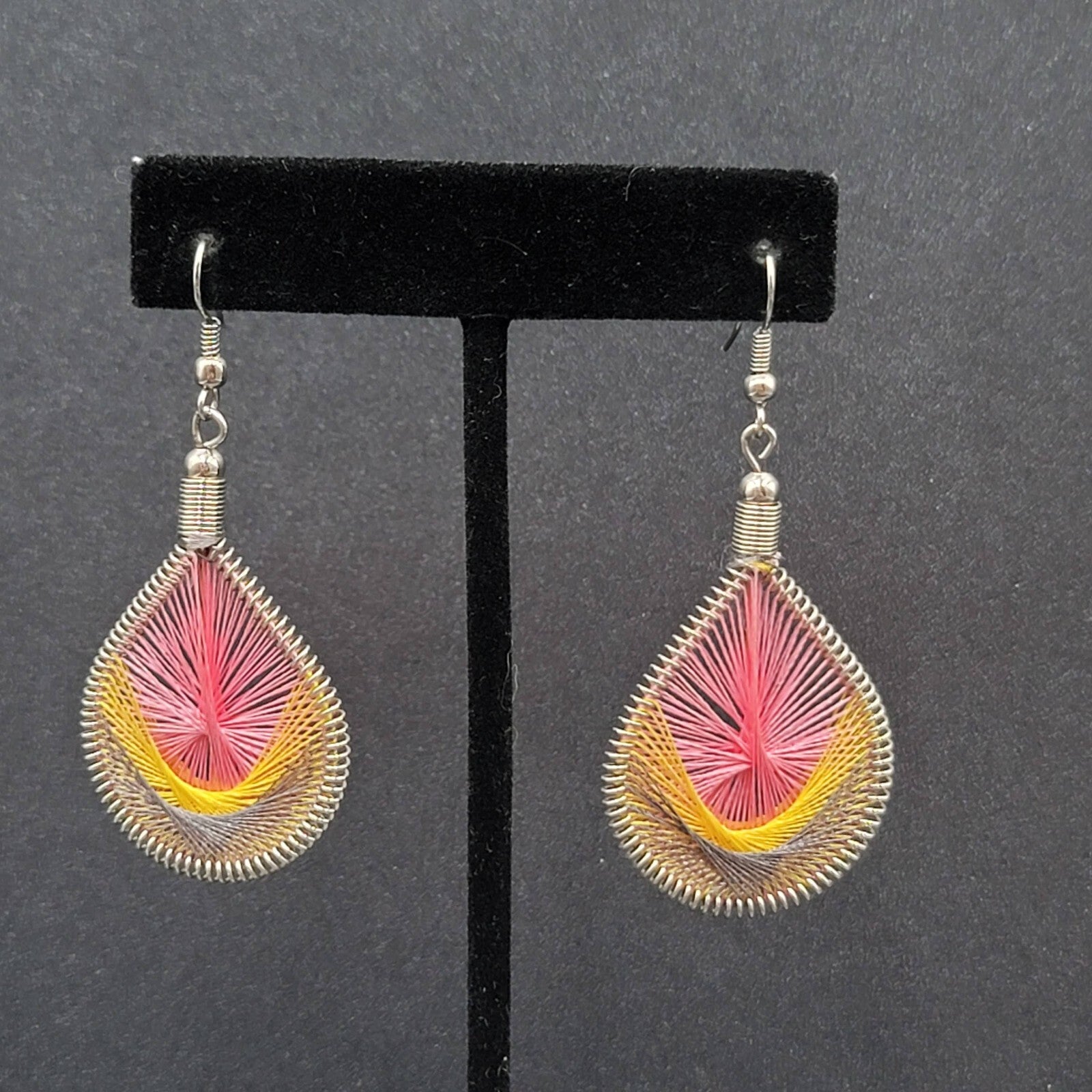 Pierced Earrings Silver tone String Art Yellow Pink Purple Teardrop 2"