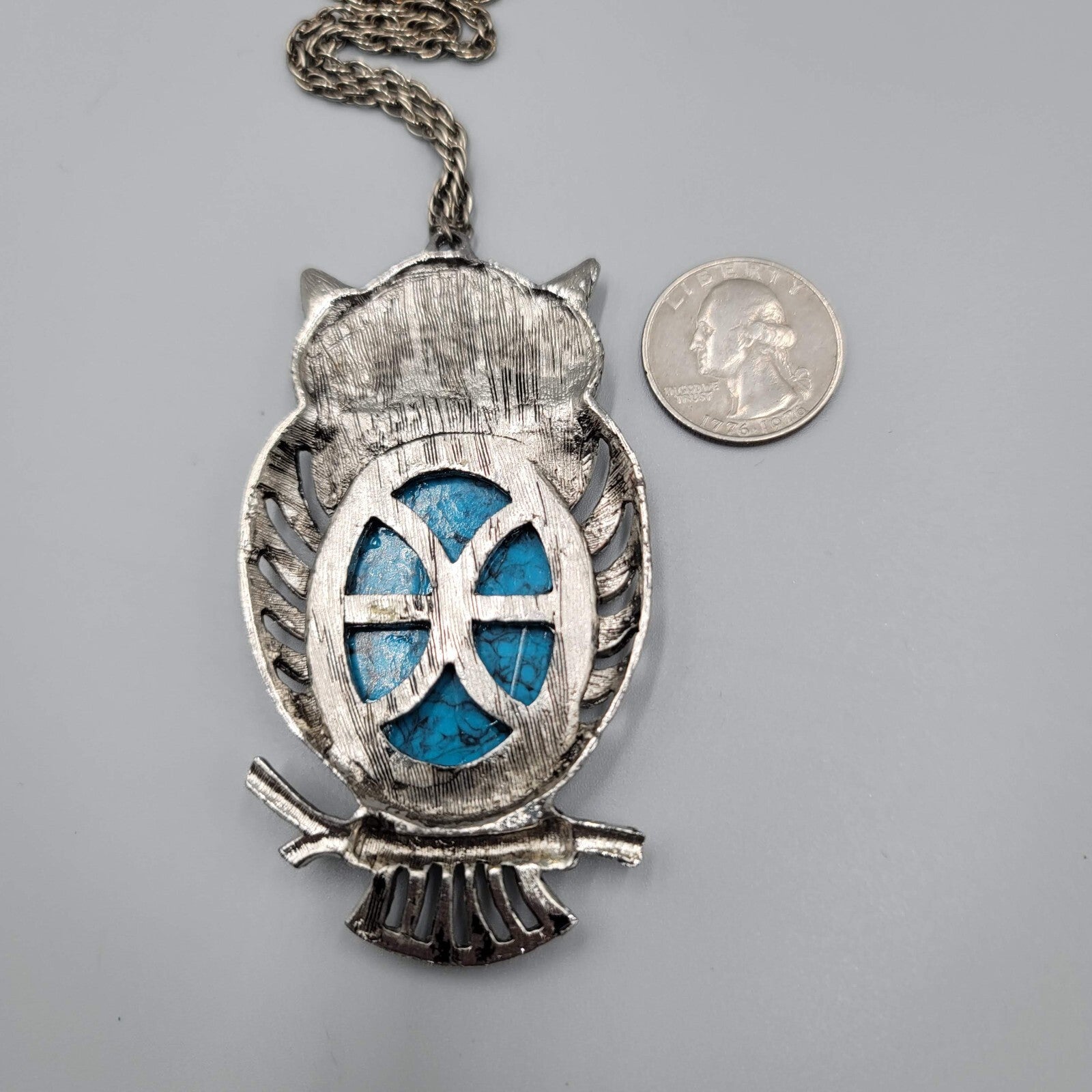 Vintage Owl Necklace Silver tone Blue Speckle Acrylic Large 3.5" Pendant 24" L