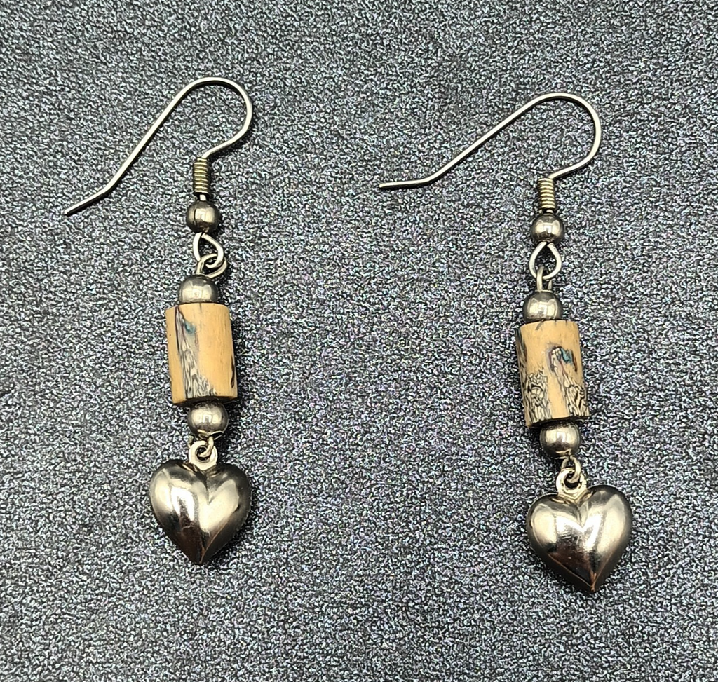 Pierced Earrings Silver tone Heart Acrylic Beaded Dangle 1 1/4"