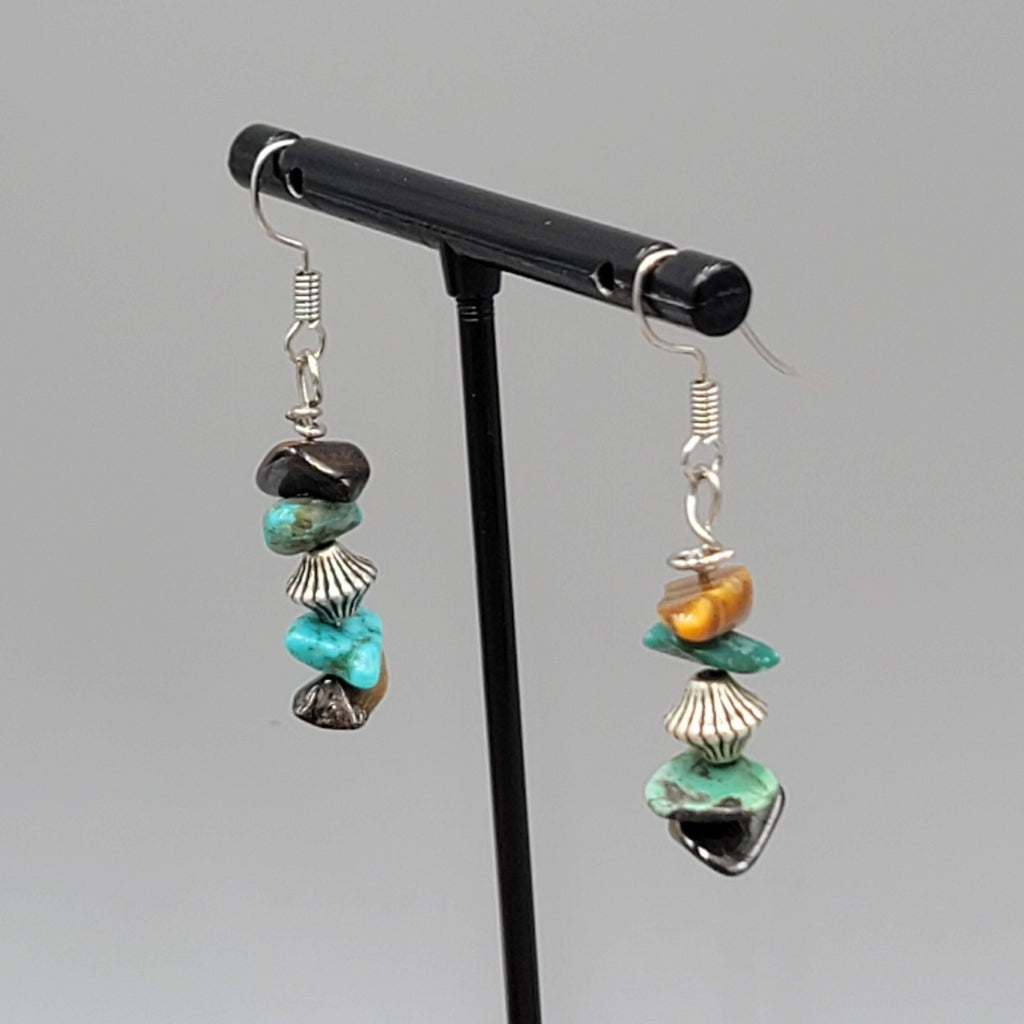 Turquoise and Tigers Eye Chip Beads Pierced Earrings Silver tone Dangle 1 1/8"