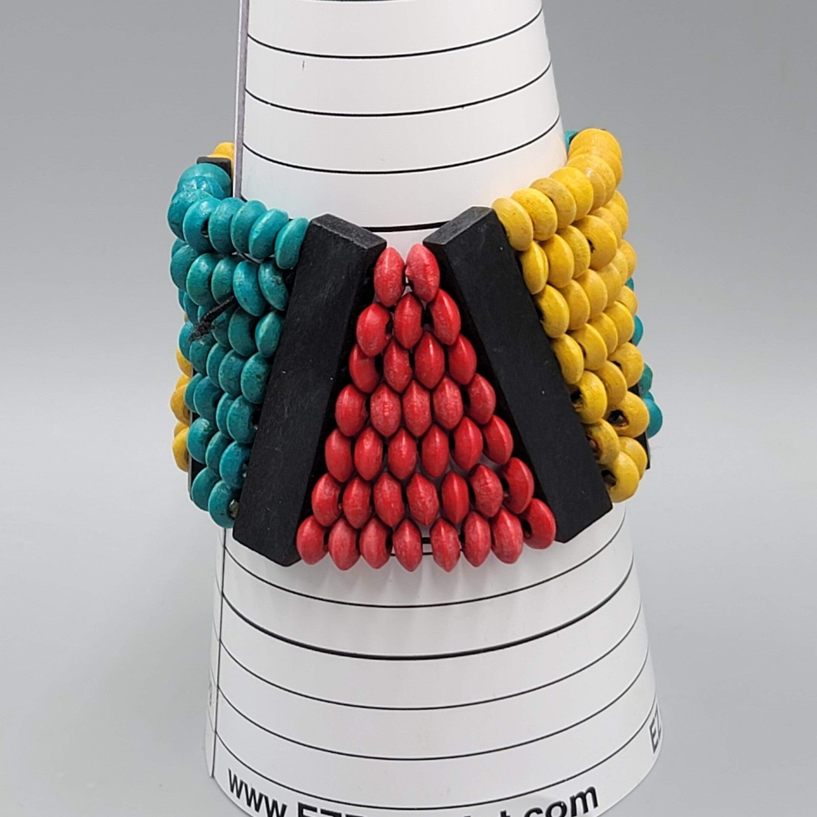 Wide Wood Bead Bracelet Teal Yellow Red 2" x 7"