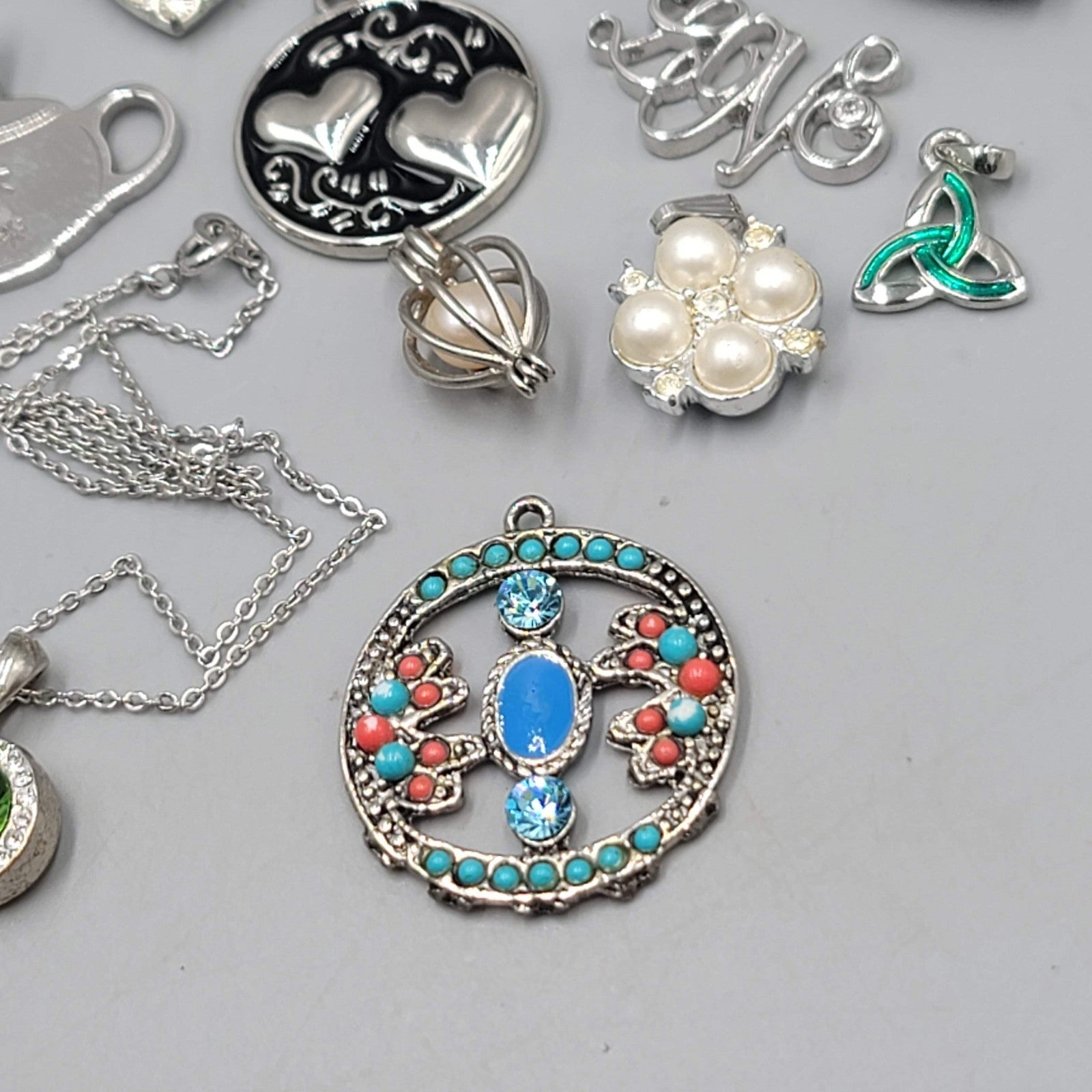 All Silver tone Pendant Lot of 16 Various Styles One Chain Included