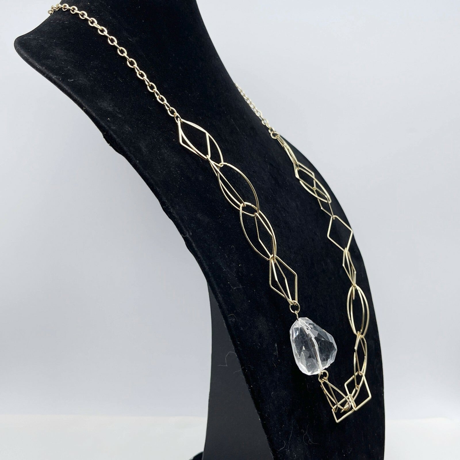 Gold tone Large Link Clear Acrylic Bead Statement Necklace 34" Estate Jewelry
