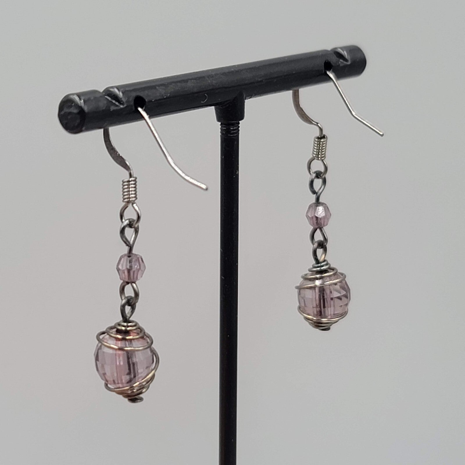 Purple Caged Bead Pierced Earrings Black Metal Dangle 1"