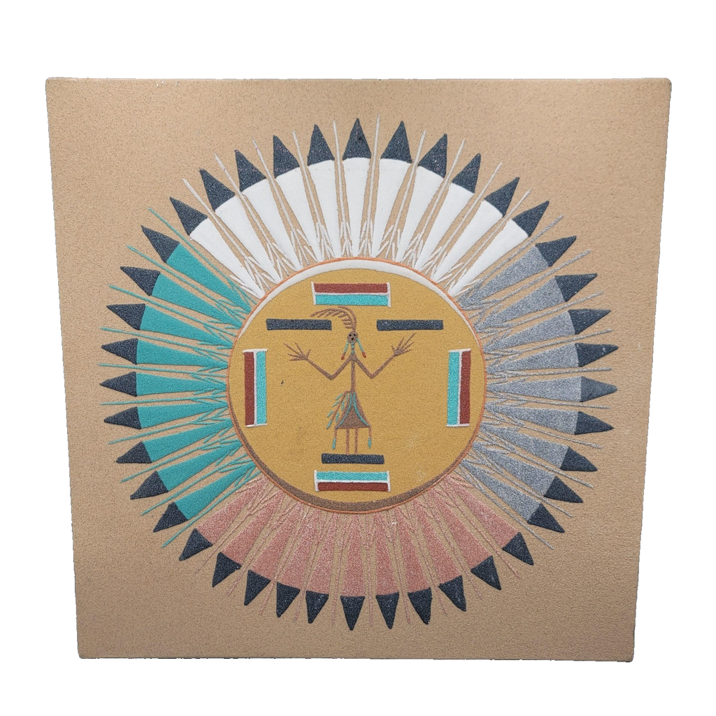 Sun and Eagle Sand Painting Southwestern Art Signed Damon 16 in Square Panel