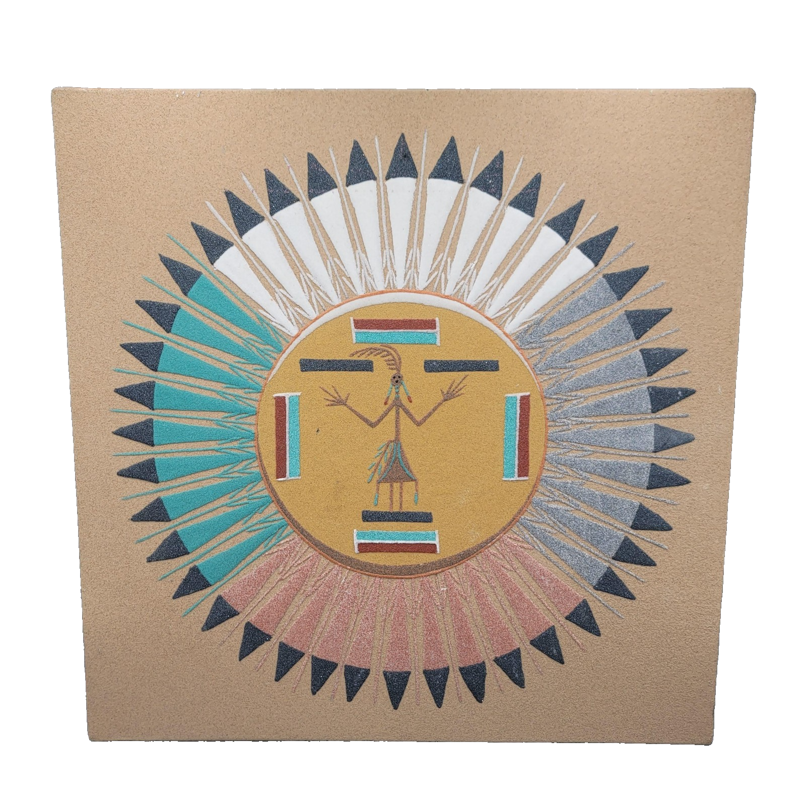Sun and Eagle Sand Painting Southwestern Art Signed Damon 16 in Square Panel
