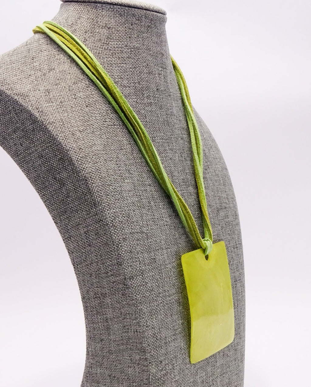Green Leather Necklace w/ Large Shell Pendant Boho Hippie 16" - 19"